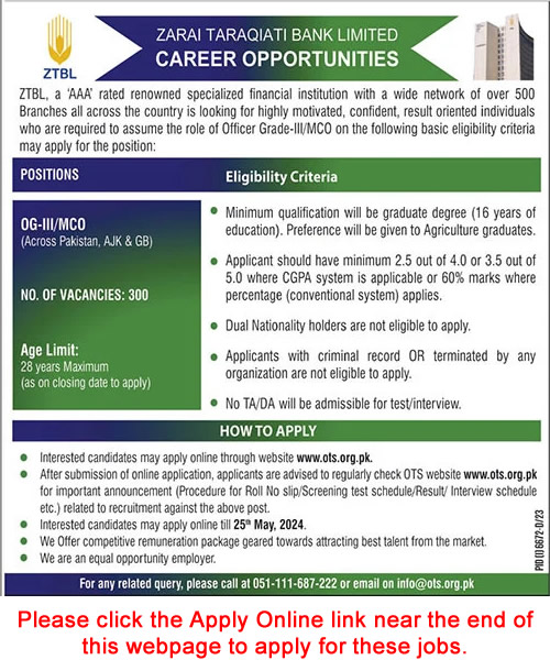 Mobile Credit Officer Jobs in ZTBL 2024 May OTS Apply Online OG-III / MCO Latest