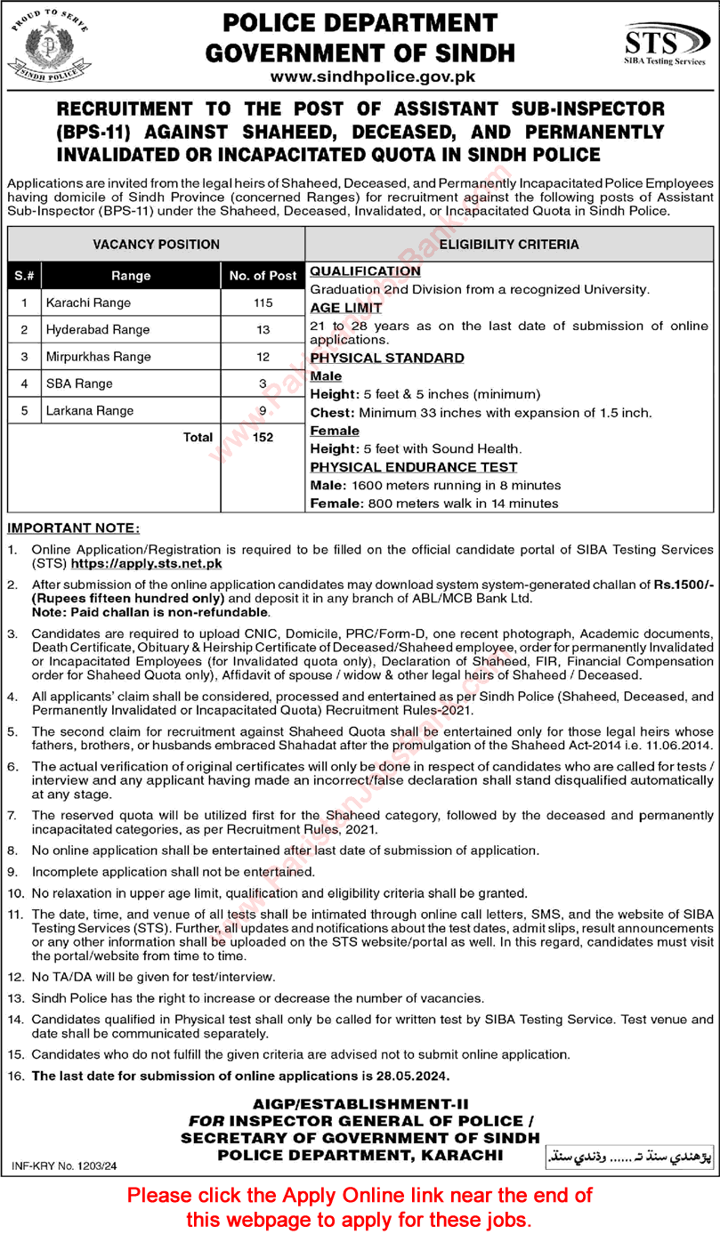 ASI Jobs in Sindh Police April 2024 May STS Apply Online Assistant Sub Inspectors Latest