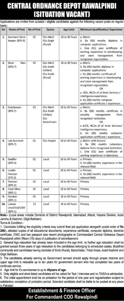 Central Ordnance Depot Rawalpindi Jobs 2024 April / May Storeman, Labour & Other COD Pakistan Army Latest