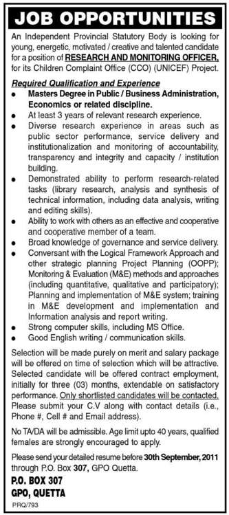 Research and Monitoring Officer Needed by Independent Provincial Statutory Body
