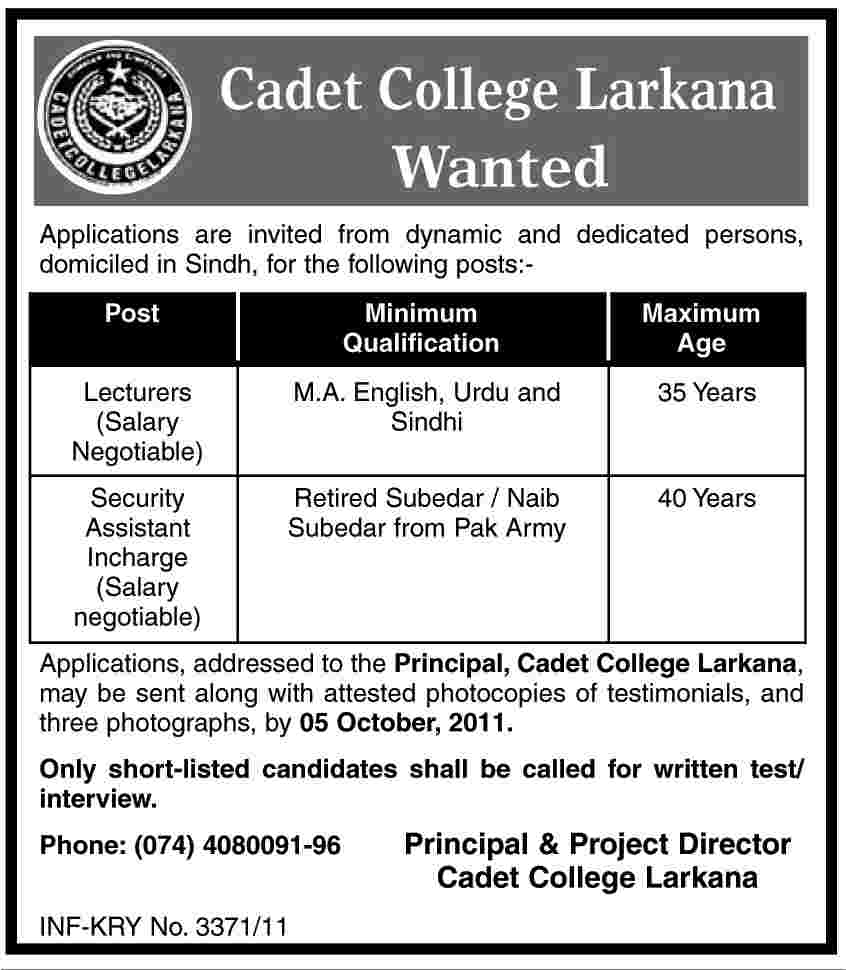 Cadet College Larkana Required the Services of Security Assistant and Lecturers