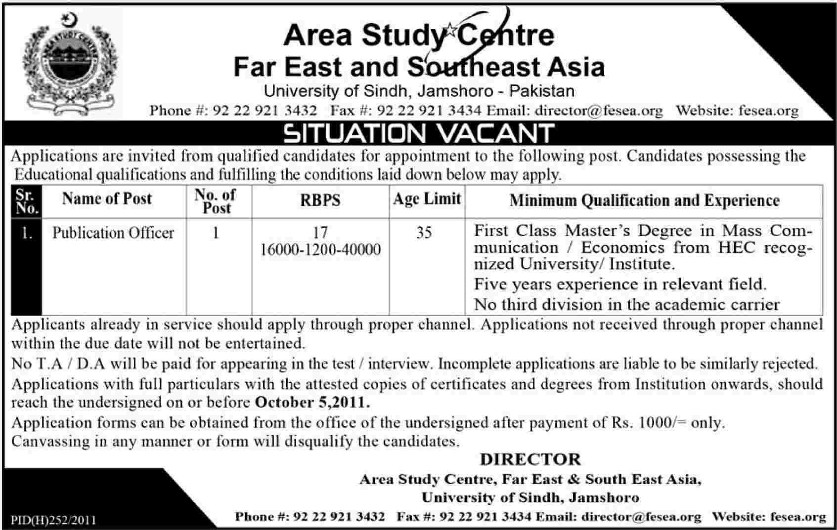 Publication Officer Required by Area Study Centre Far East and Southeast Asia