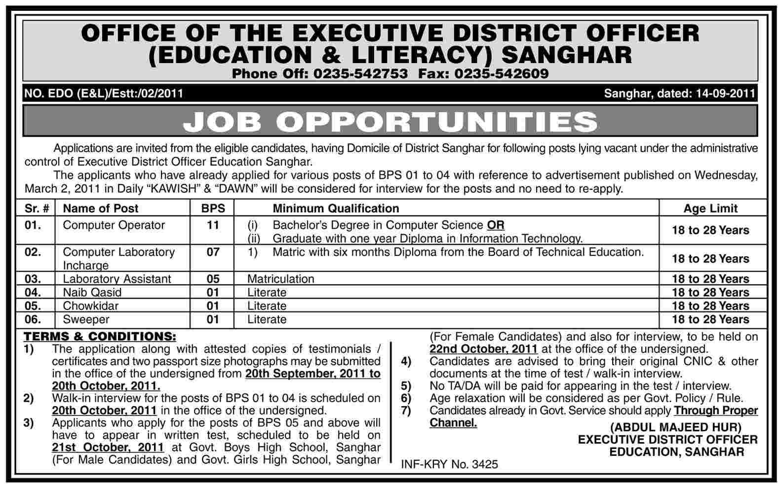 Office of the Executive District Officer, Sanghar Jobs Opportunities