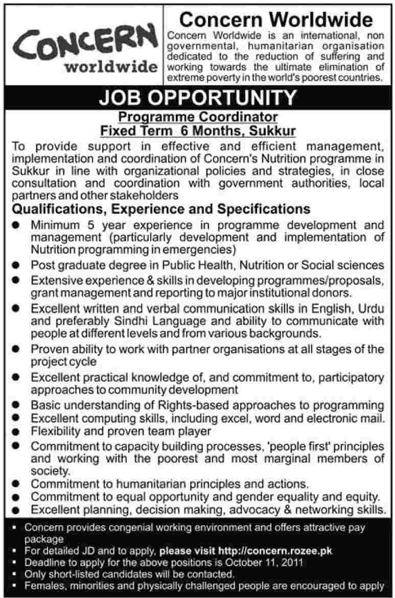 Programme Coordinator Required by Concern World Wide