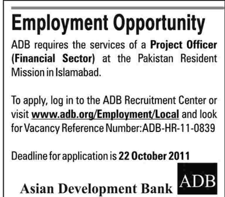 Asian Development Bank (ADB) Required a Project Officer (Financial Sector)