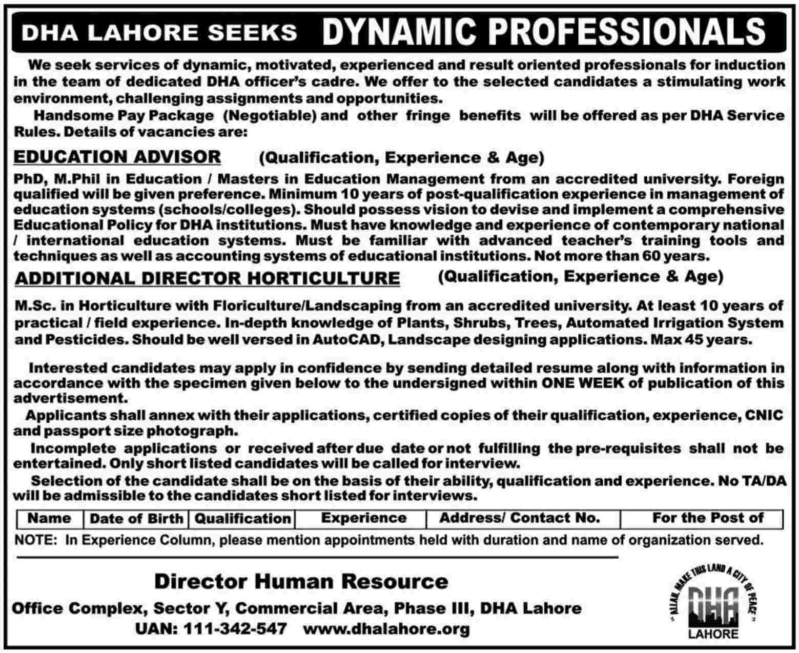 DHA Lahore Seeks Dynamic Professionals