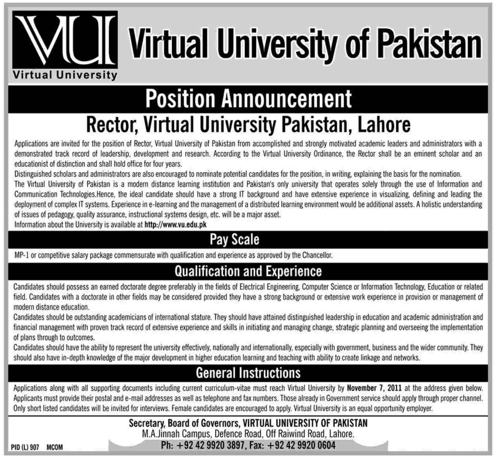 Virtual University of Pakistan Required the Services of Rector