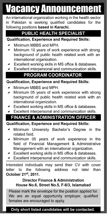 An International Organization in Pakistan Required Professionals