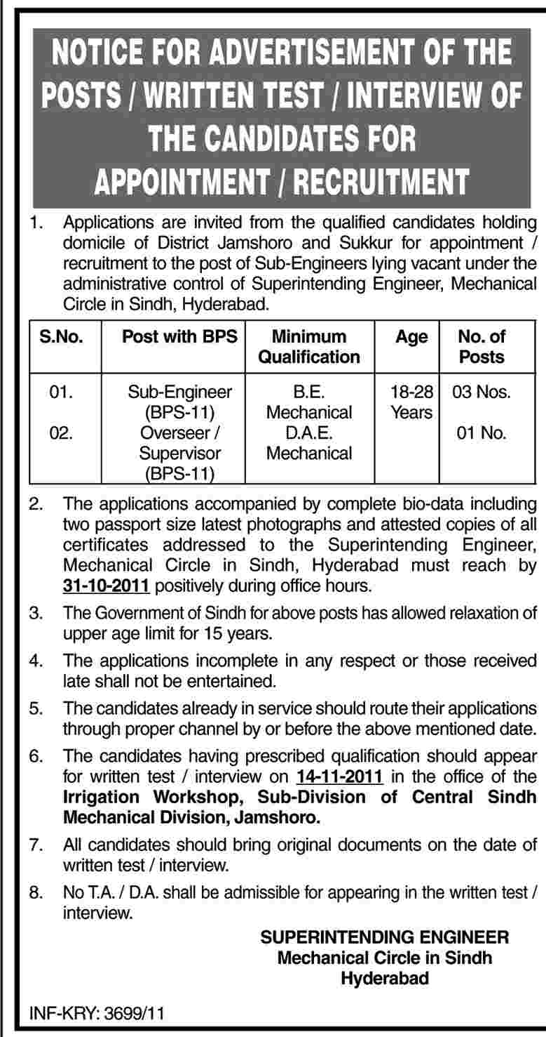 Sub-Engineer and Supervisor Required by Machanical Circle In Sindh Hyderabad