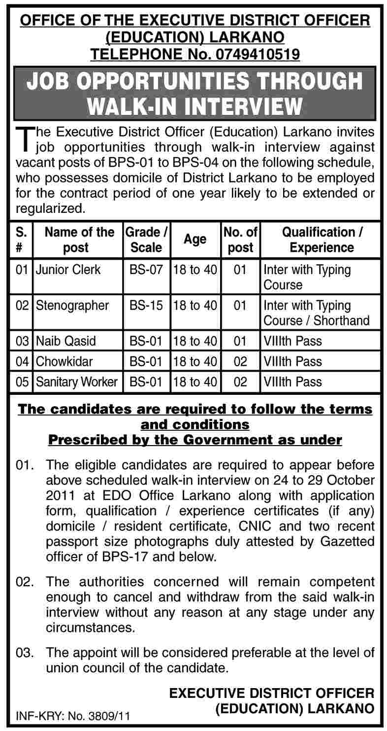 Office of the Executive District Officer Education Larkano Job Opportunities