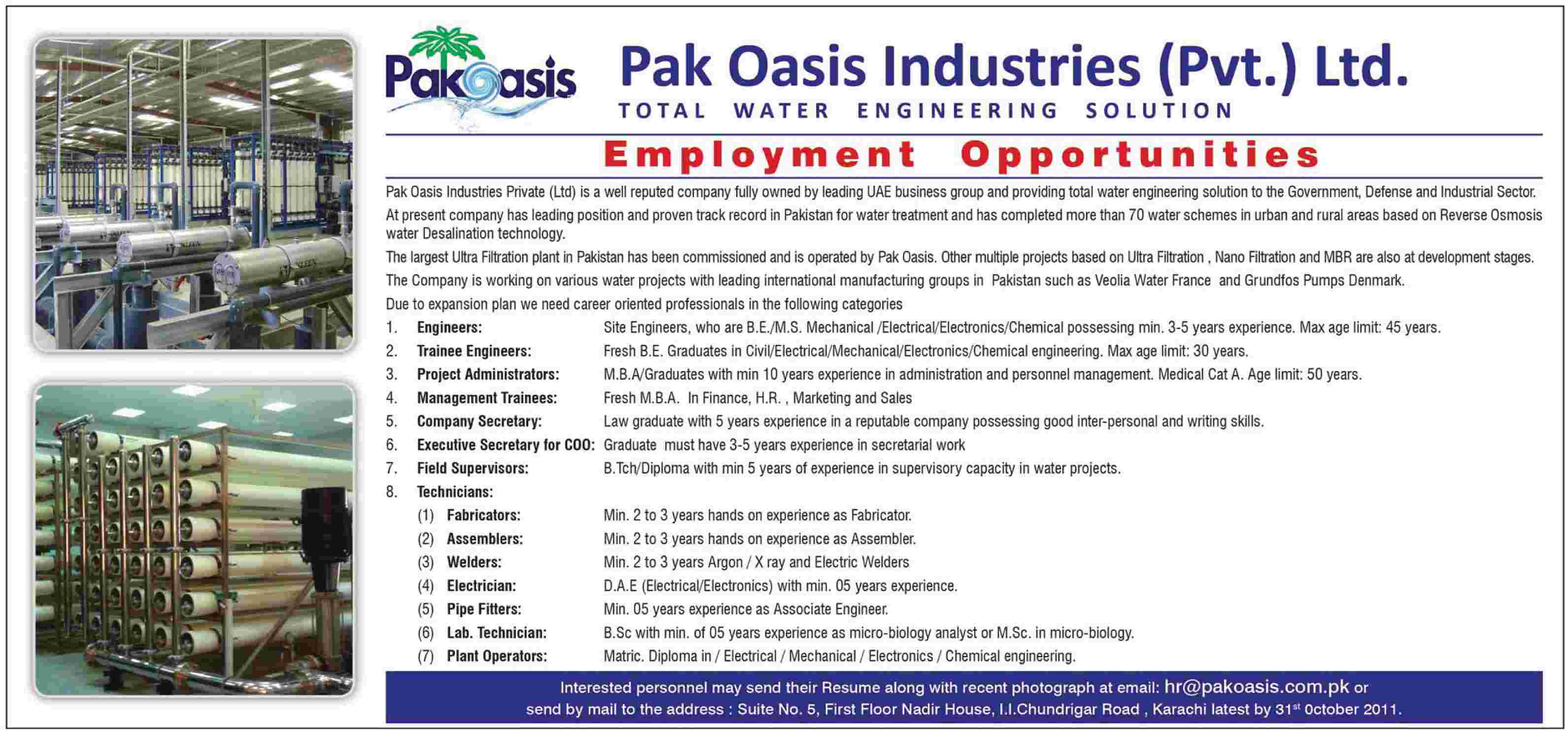 Pak Oasis Industries (Pvt.) Ltd. Employment Opportunities