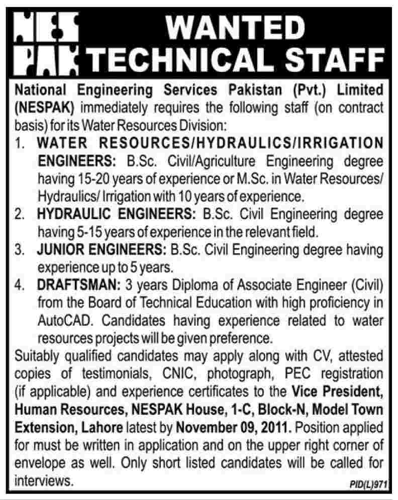 National Engineering Services Pakistan (Pvt.) Limited Required Technical Staff