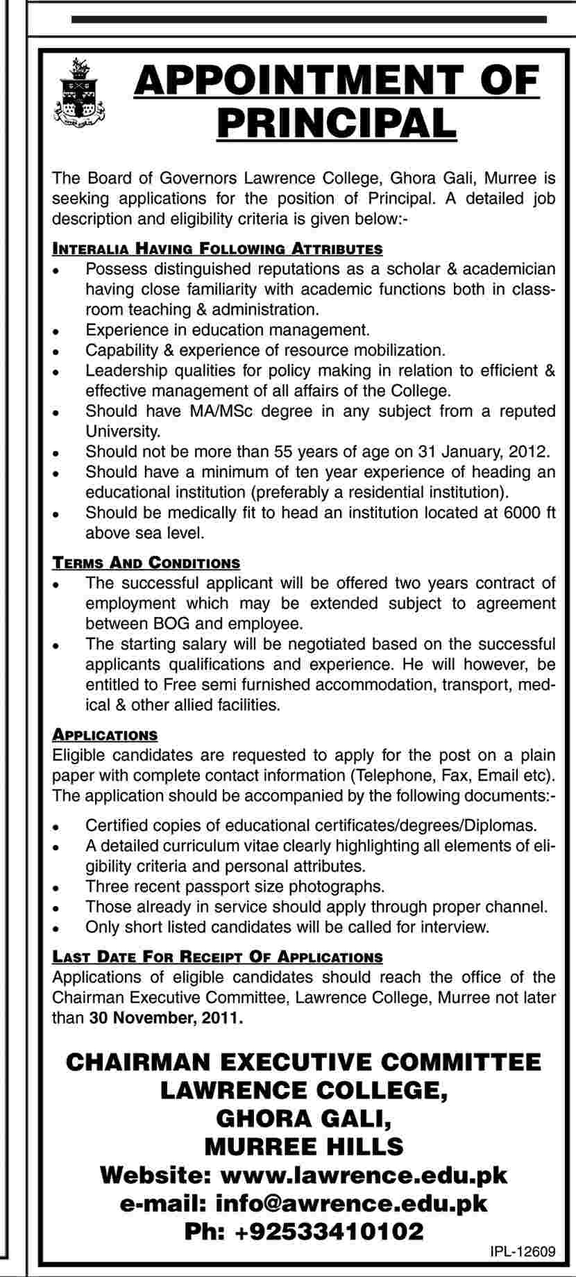 Principal Required by The Board of Governors Lawrence College, Ghora Gali, Murree