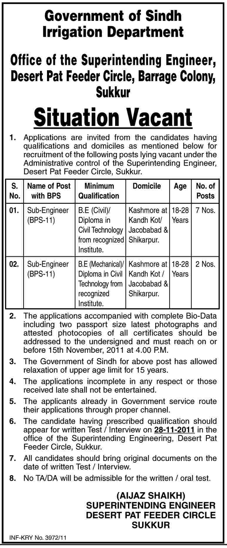 Sub Engineers Required by Irrigation Department Sukkur, Government of Sindh