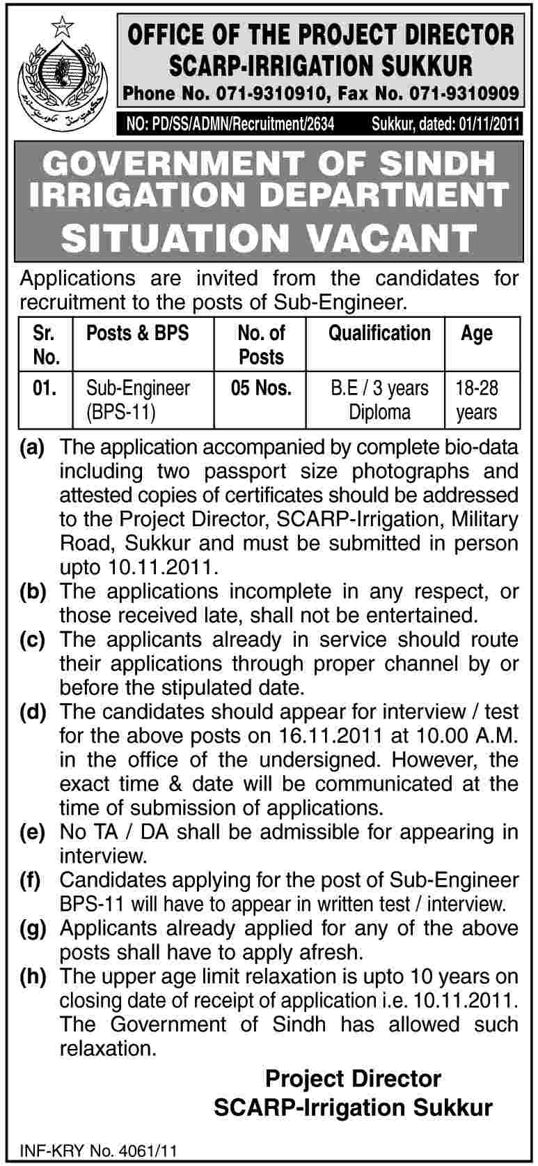 Office of the Project Director Scarp-Irrigation Sukkar Required Sub Engineers