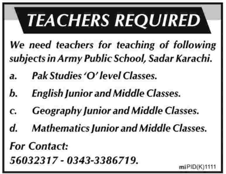 Army Public School Sadar Karachi Required Teachers