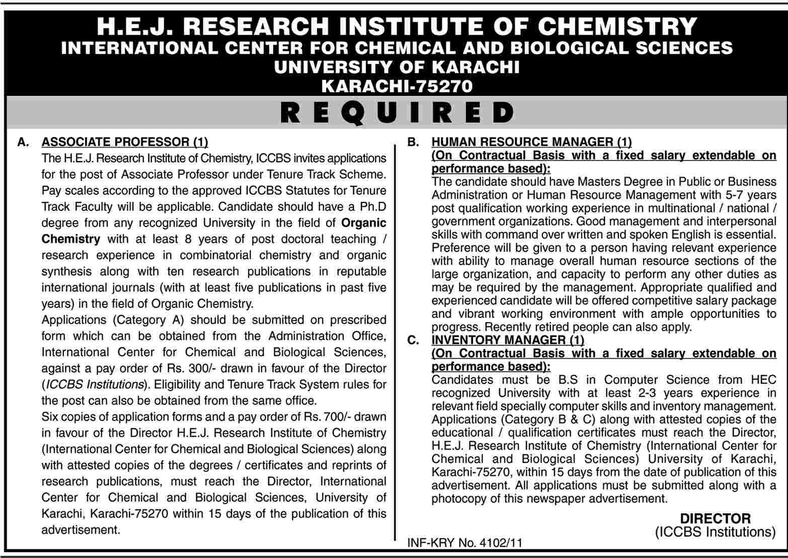 H.E.J Research Institute of Chemistry Jobs Opportunity