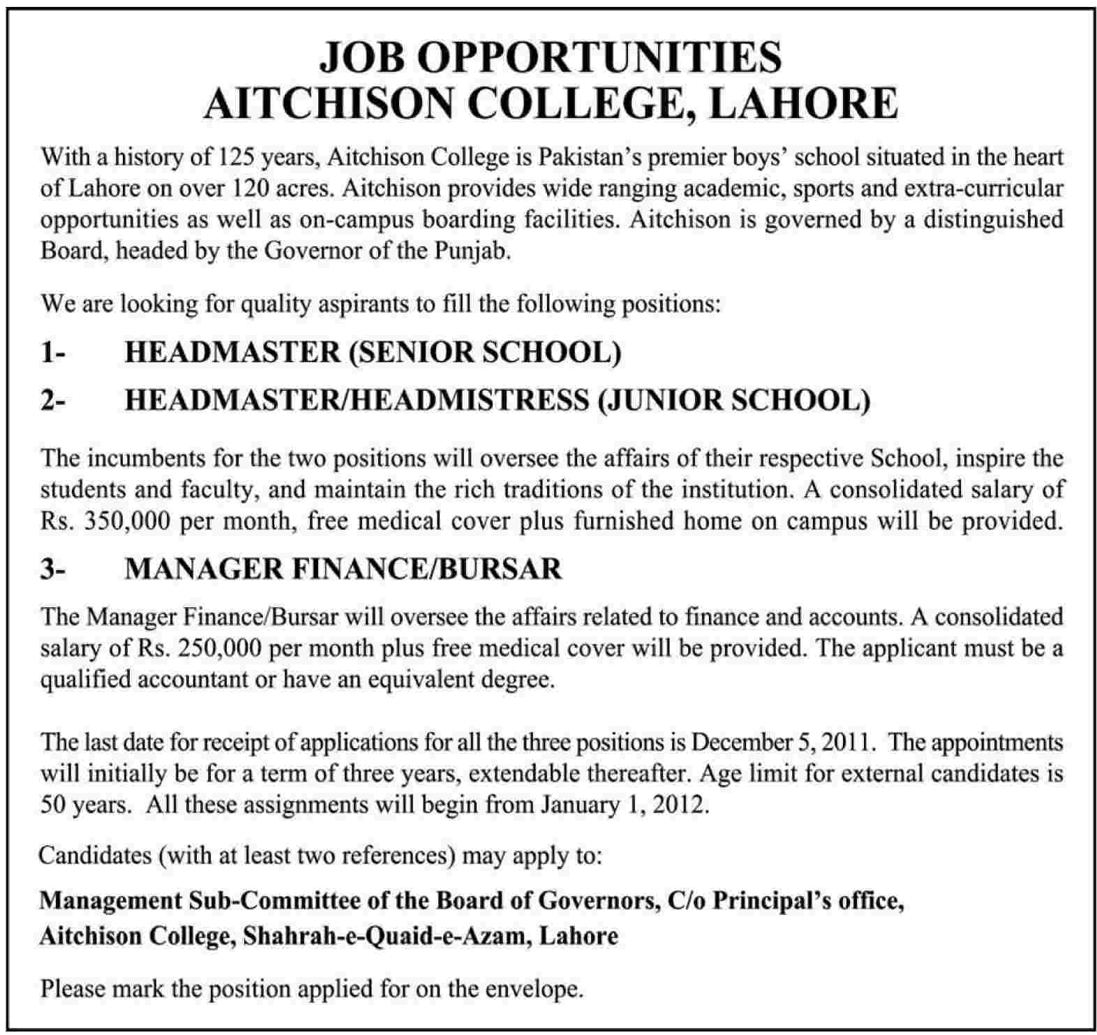 AITCHISON College Lahore Jobs Opportunity