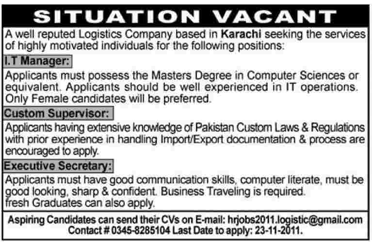 Logistic Company Required Staff in Karachi
