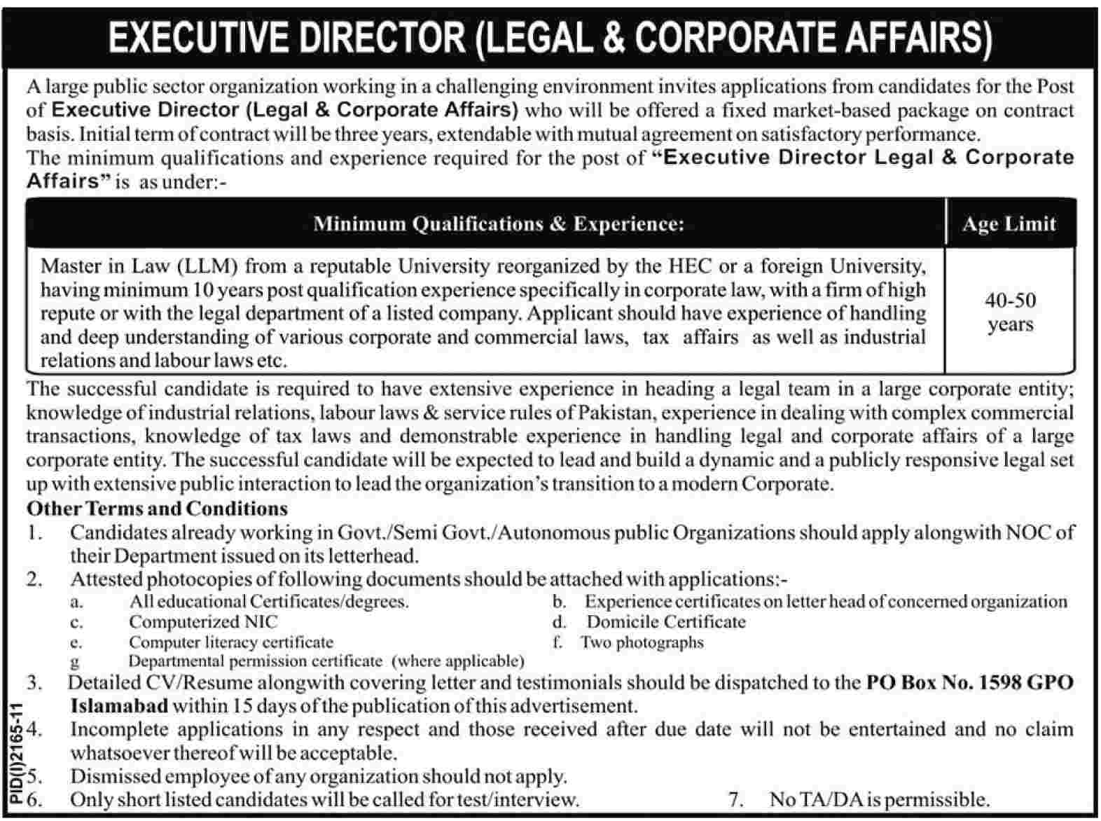 Executive Director (Legal & Corporate Affairs) Required by a Public Sector Organization