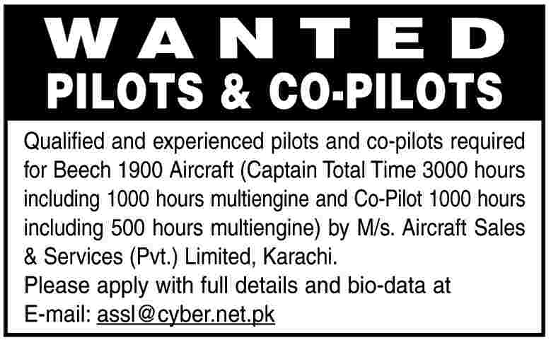 Pilots and Co-Pilots Required by M/s Aircraft Sales Services Pvt. Limited Karachi