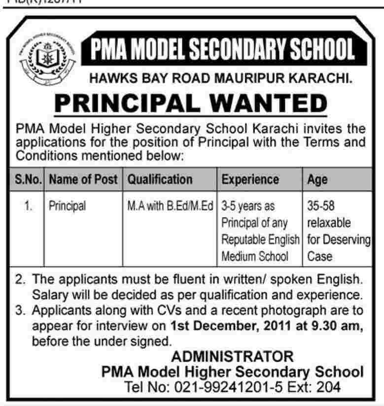 PMA Model Secondary School Karachi Required Principal