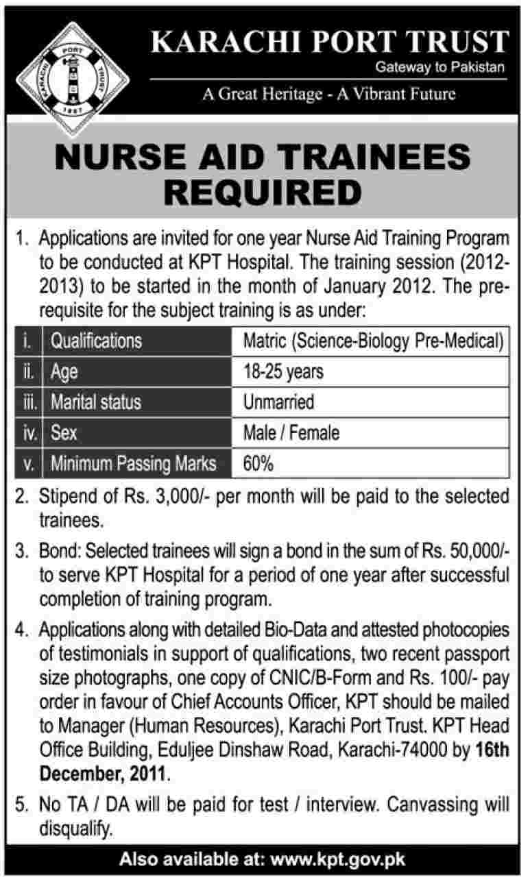 Karachi Port Trust Required Nurse Aid Trainees