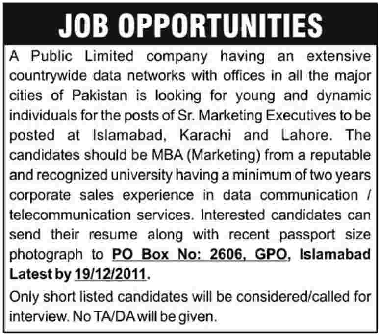 Senior Marketing Executives Required by Public Limited Company