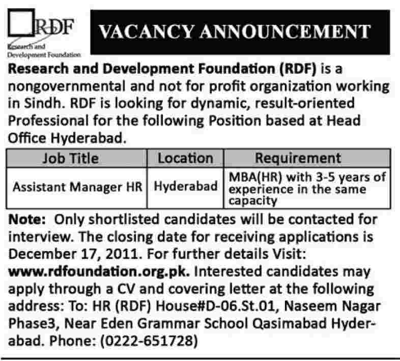 Research and Development Foundation (RDF) Required Assistant Manager HR