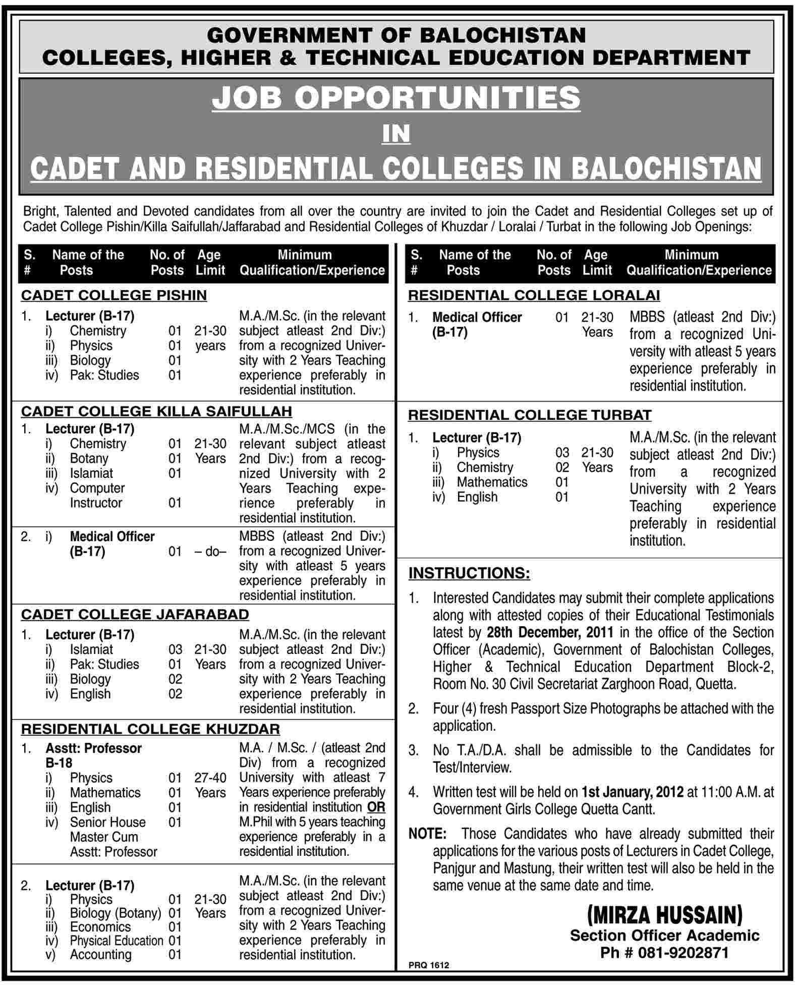 Colleges, Higher & Technical Education Department, Government of Balochistan Jobs Opportunities