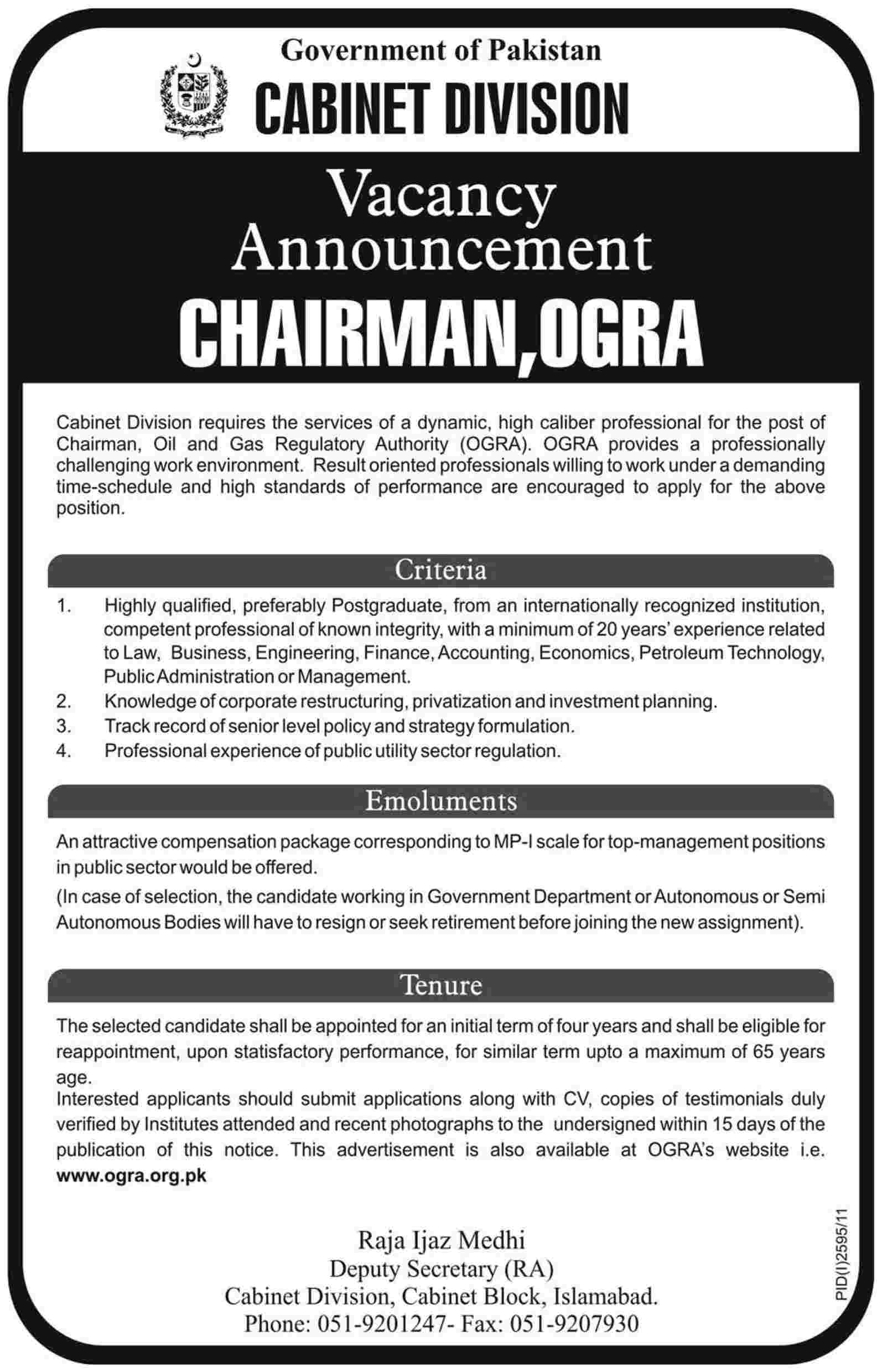 Cabinet Division Required the Services of Chairman OGRA