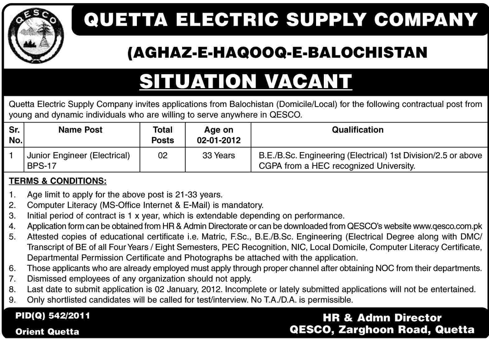 Quetta Electric Supply Company Required the Services of Junior Engineers (Electrical)