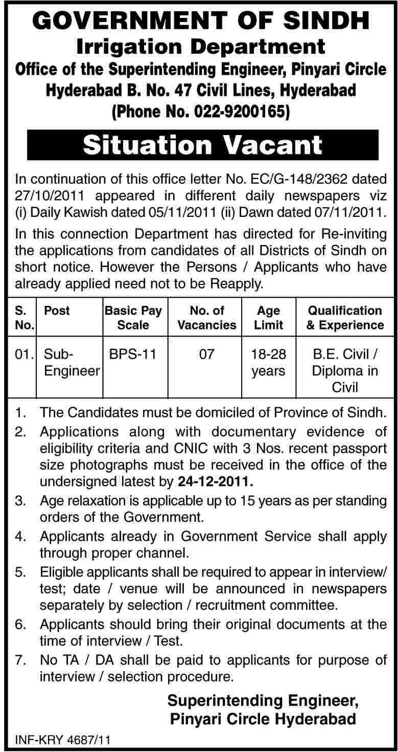 Irrigation Department Hyderabad Government of Sindh Required Sub-Engineers