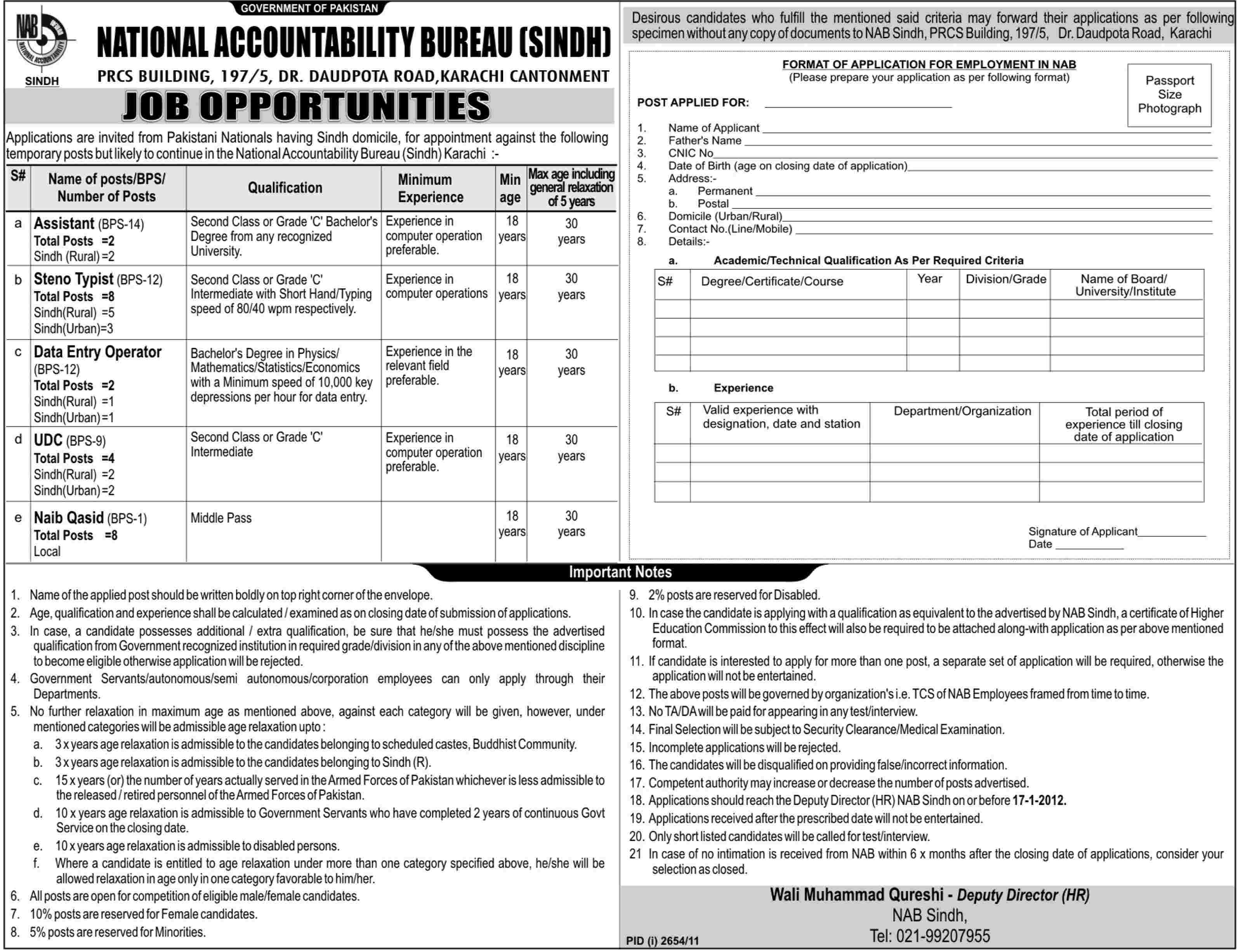 National Accountability Bureau (NAB) Sindh Jobs Opportunity