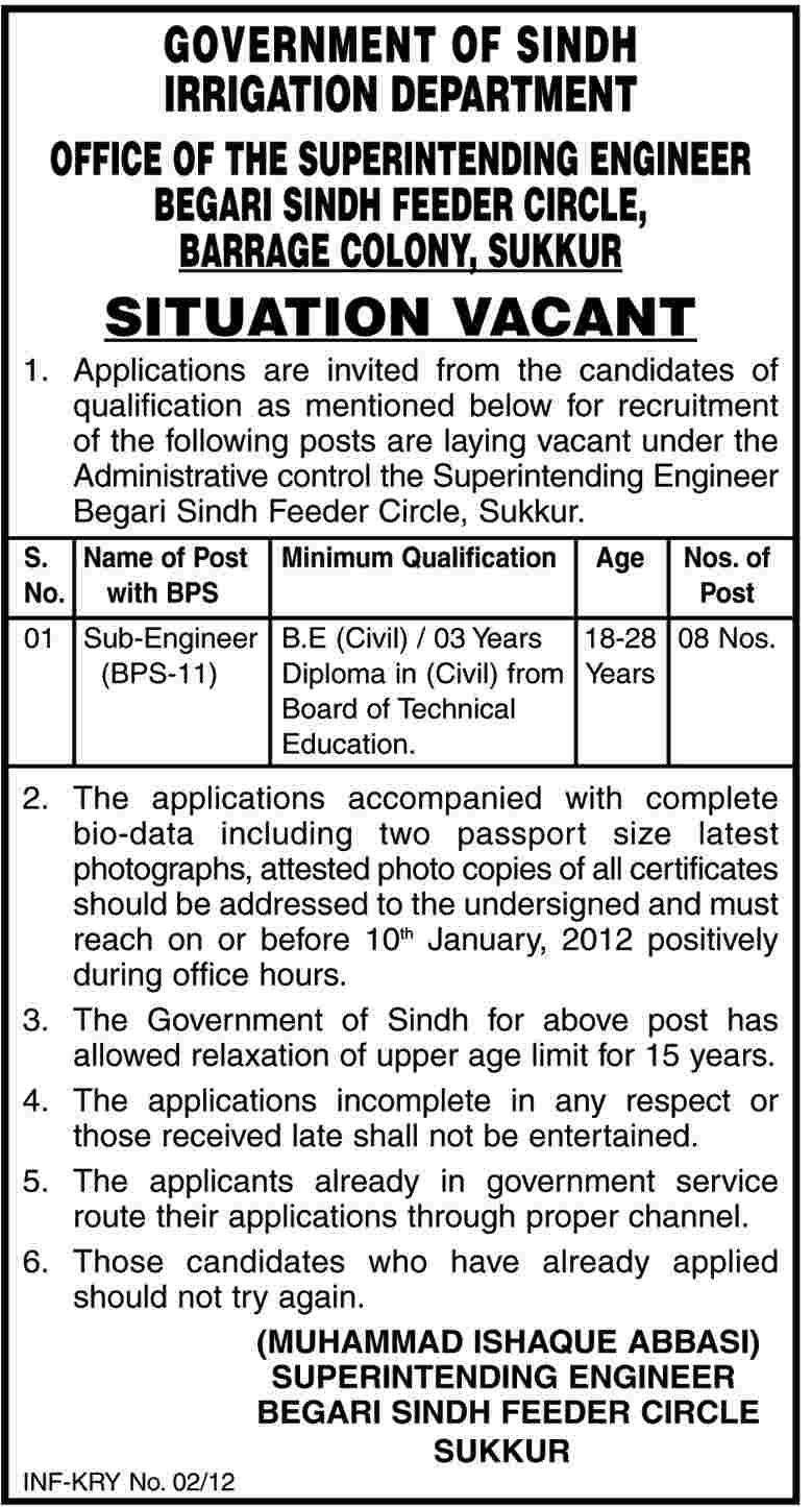 Irrigation Department Government of Sindh Job Opportunities