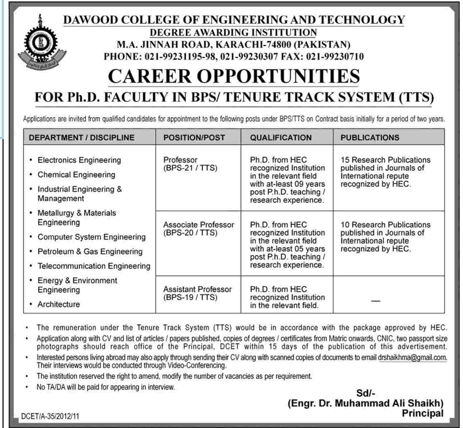 Dawood College of Engineering and Technology, Karachi Jobs Opportunity