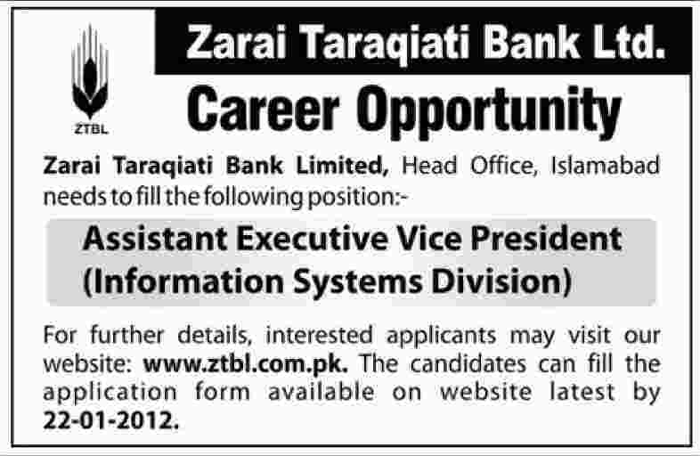 Zarai Taraqiati Bank Ltd Islamabad Required the Services of Assistant Executive Vice President