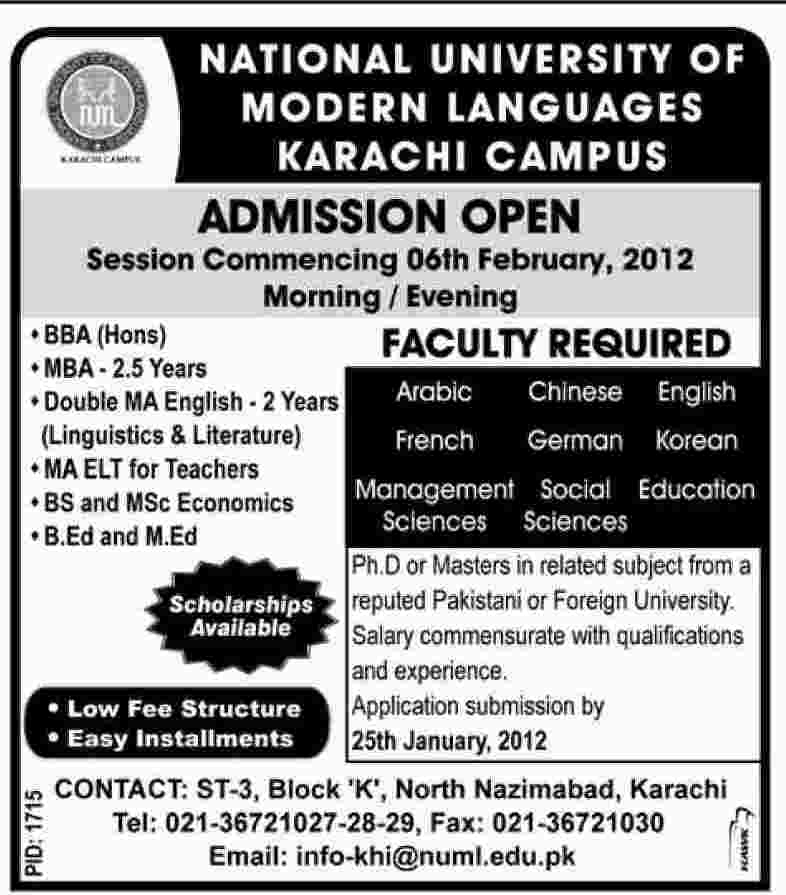 NUML Karachi Campus Required Faculty