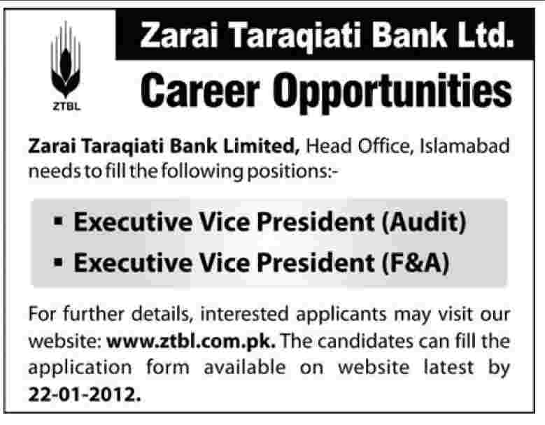 Zarai Taraqiati Bank Ltd Required Executive Vice Presidents (Audit and F&A)
