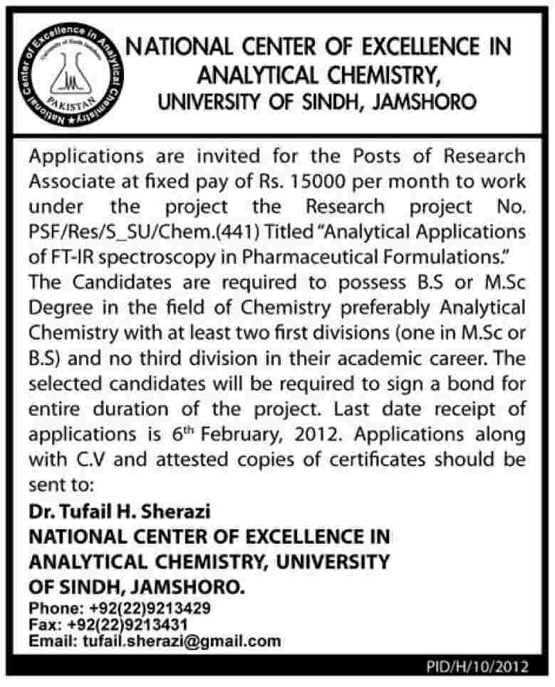 National Center of Excellence in Analytical Chemistry, University of Sindh, Jamshoro Job Opportunities