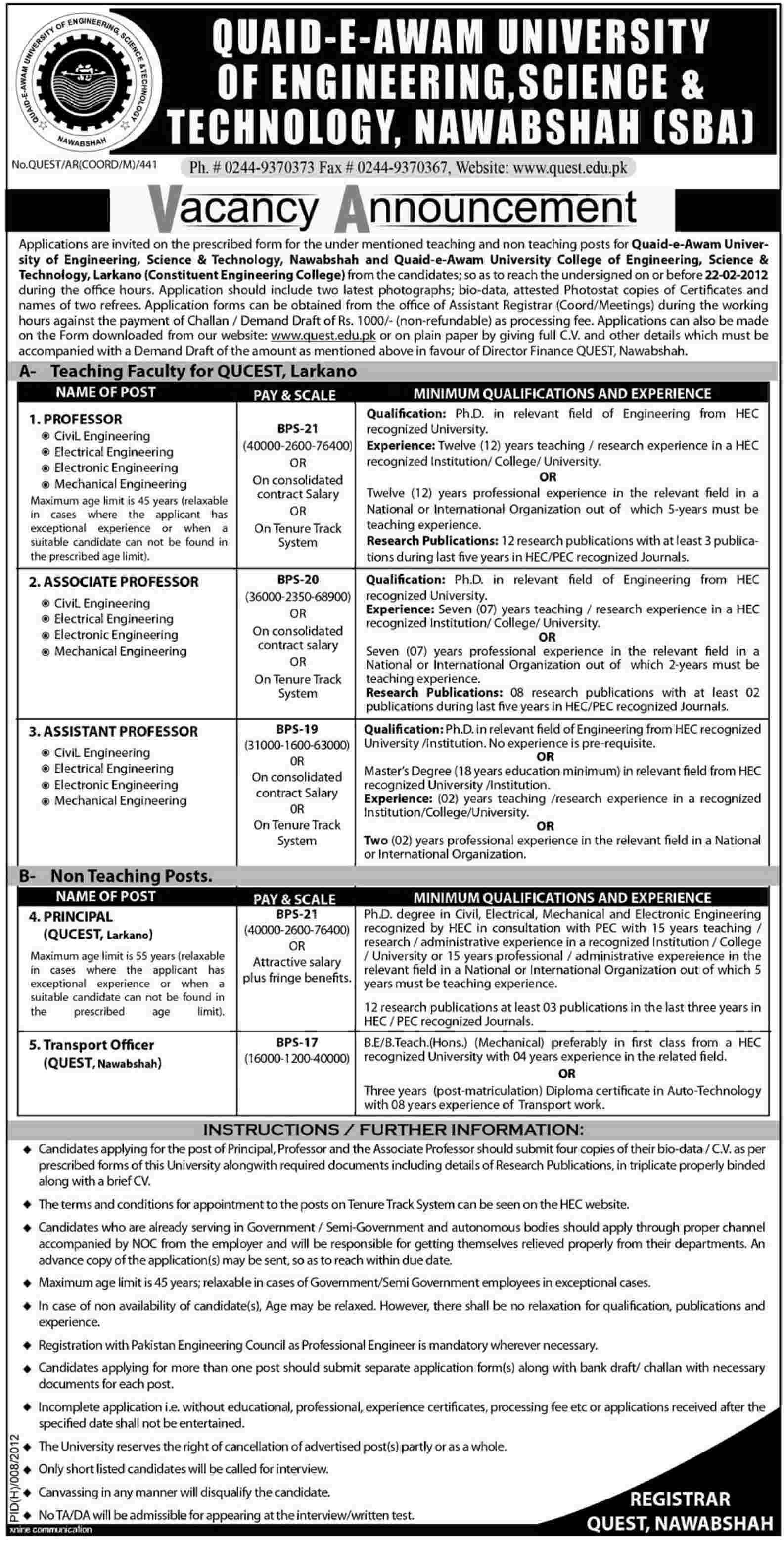 Quaid e Awam University of Engineering, Science and Technology, Nawabshah. Jobs Opportunity