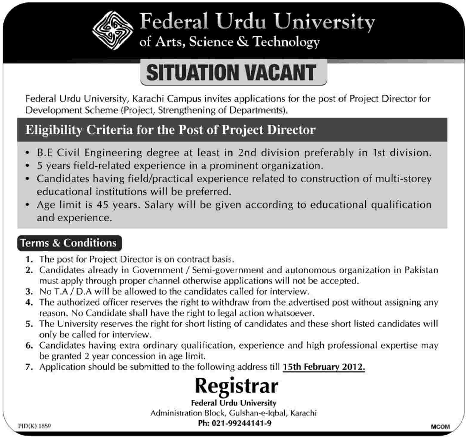 Federal Urdu University of Arts, Science & Technology Required the Services of Project Director