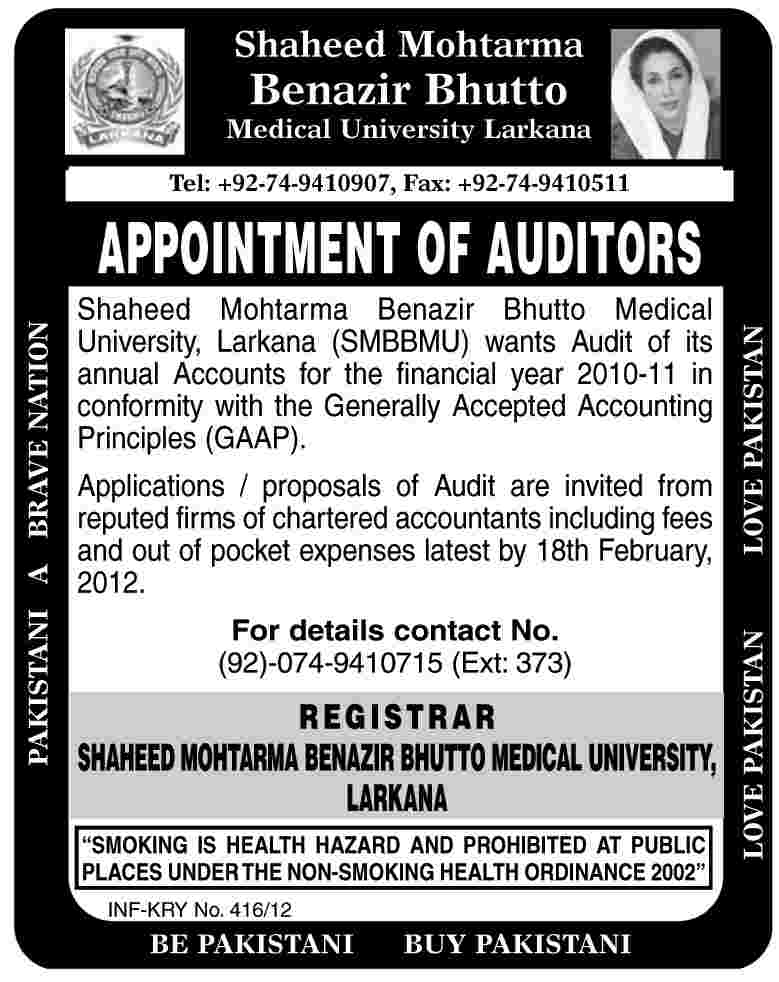 Shaheed Mohtarma Benazir Bhutto, Medical University Larkana Required the Services of Auditors