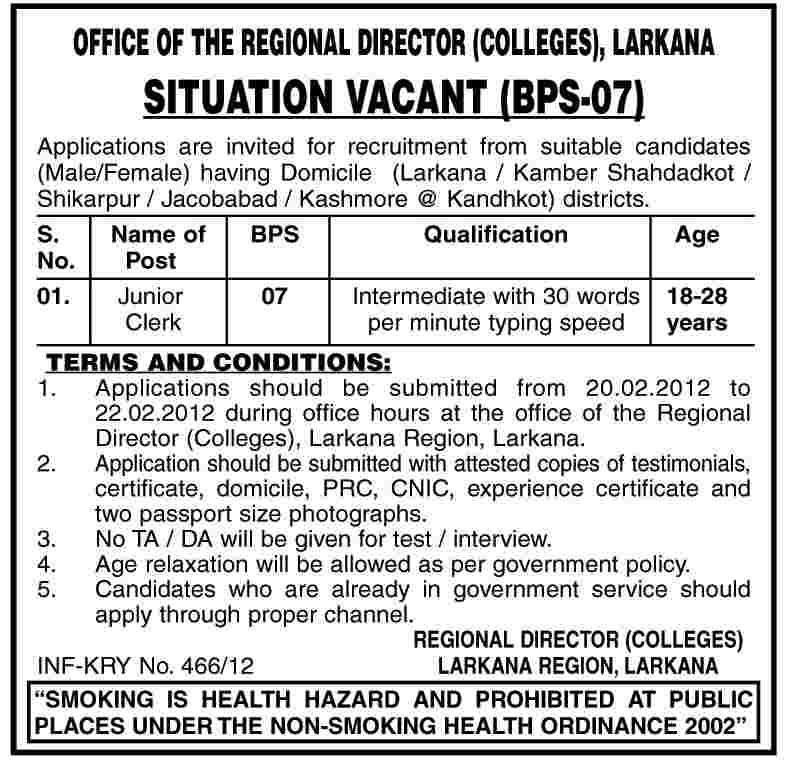 Office of the Regional Director (Colleges), Larkana Required Junior Clerk