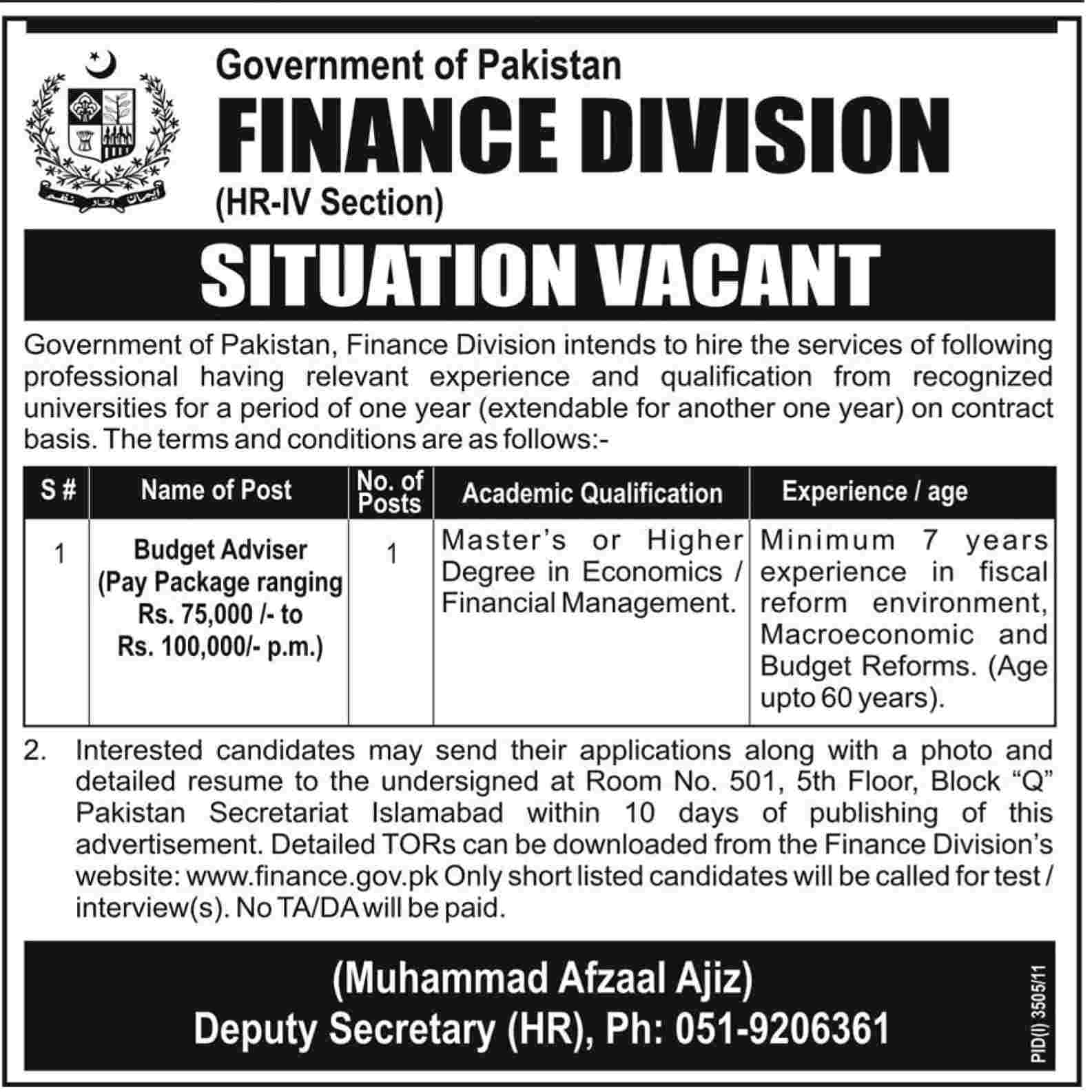 Finance Division, Government of Pakistan Required Budget Advisor