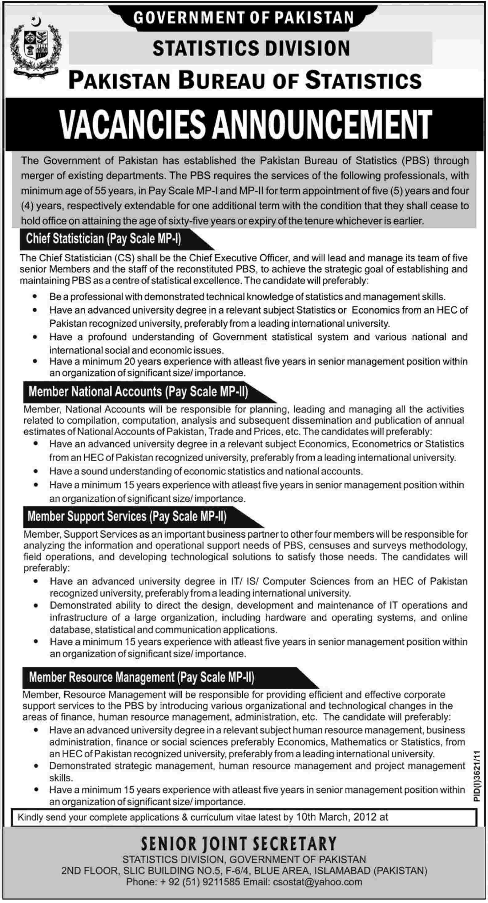 Government of Pakistan, Statistics Division, Pakistan Bureau of Statistics Jobs Opportunity