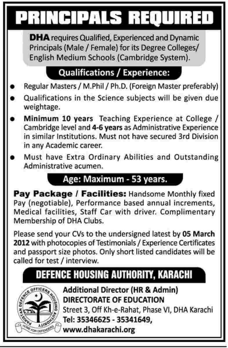 DHA Karachi Required the Services of Principal