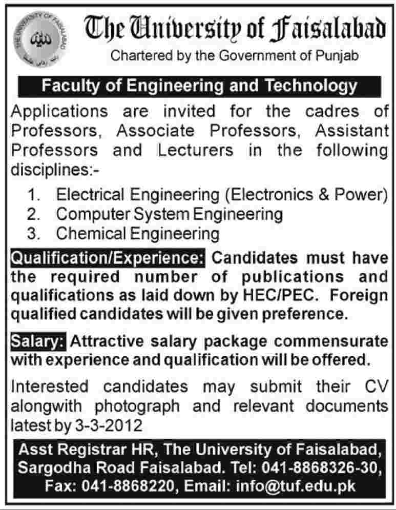 The University of Faisalabad Required Faculty