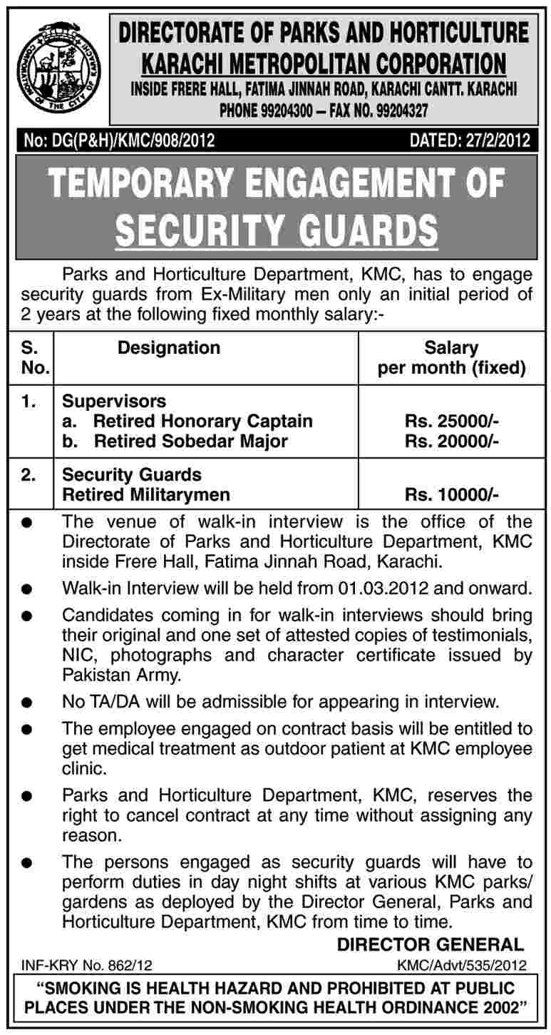 Directorate of Parks and Horticulture Karachi Metropolitan Corporation Required Security Staff