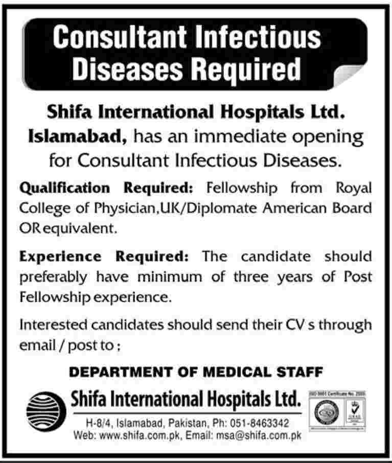 Shifa International Hospital Ltd. Required Consultant Infectious Diseases